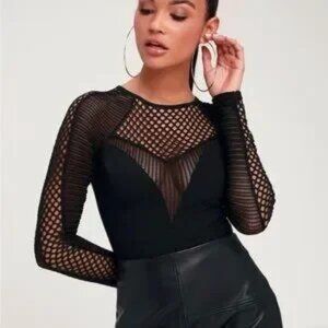 EUC Lulu's Kaydance Black Mesh Long Sleeve Bodysuit Size Medium